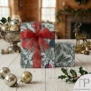 Papel De Presente Enfeites de Natal Vintage Azuis, Pinheiro, Frutas