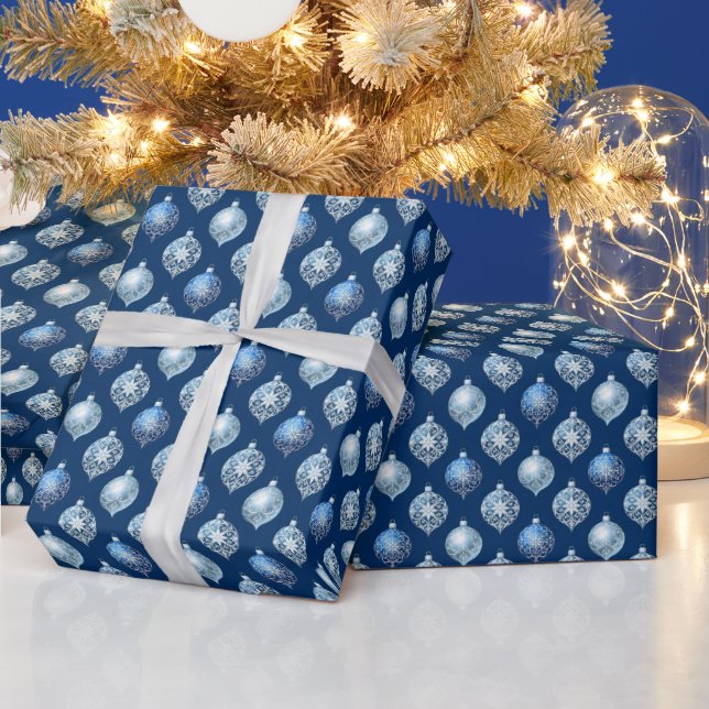 Papel De Presente Enfeites de Prata em Azul Escuro (Feriados)