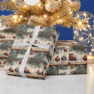 Papel De Presente Enfeites de trem de Natal vintage Ramos de pinheir