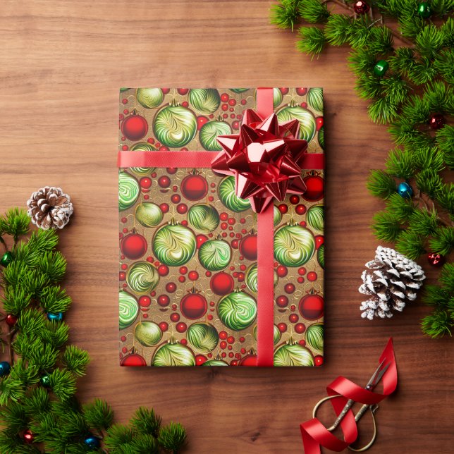 Papel De Presente Enfeites Vermelhos e Verdes (Presente de Natal)