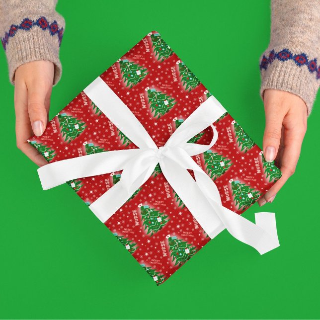 Papel De Presente Enfermeira Árvore de Natal Vermelho Fundo (Criador carregado)