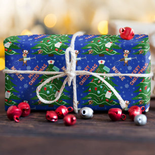 Papel De Presente Enfermeira Feliz Árvore de Natal com enfermeira