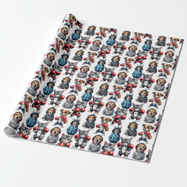 Papel De Presente Engraçado Boxing Cat Dog Pattern Design (Desenrolado)