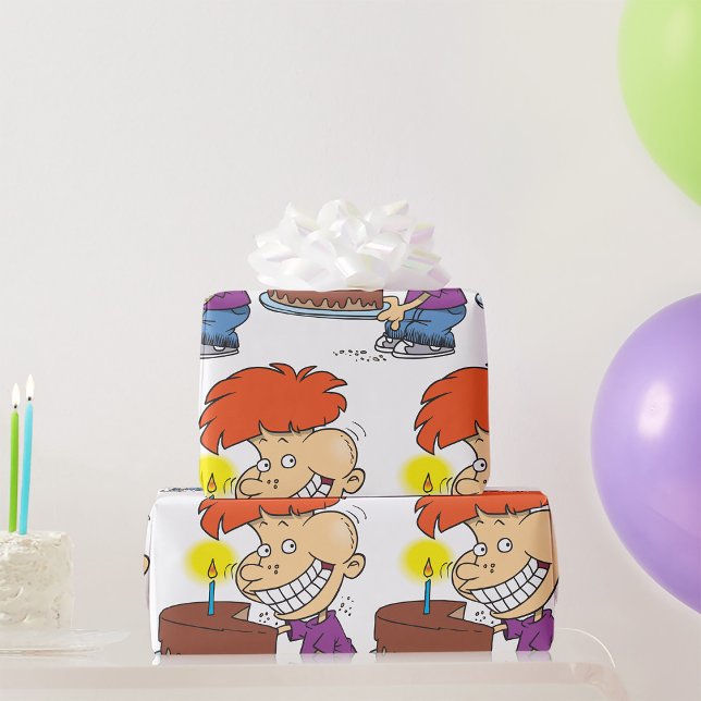 Papel De Presente Engraçado Cartoon Boy com Bolo de Aniversário de C (Criador carregado)