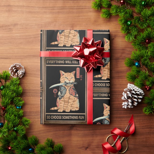 Papel De Presente Engraçado Cat Samurai Tudo Vai Te Matar (Presente de Natal)