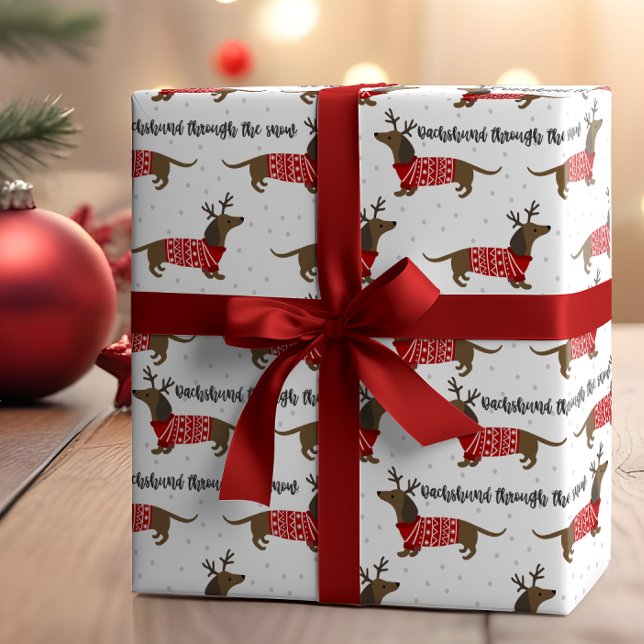 Papel De Presente Engraçado Dachshund Através Do Natal Da Neve (Criador carregado)