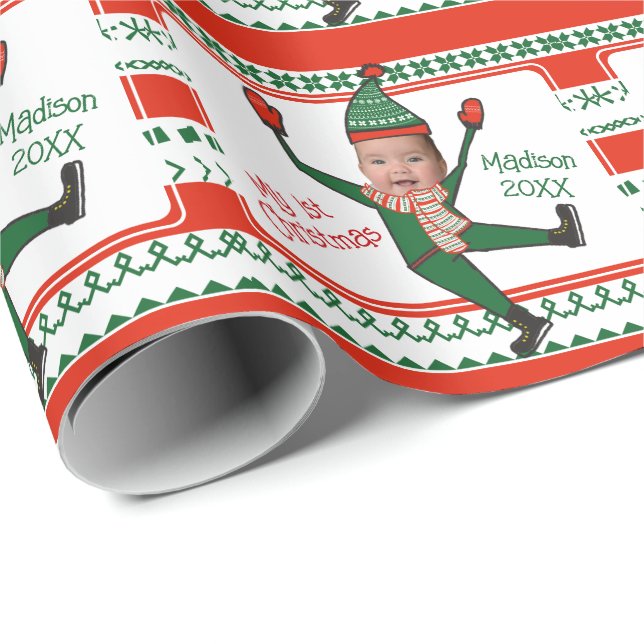 Papel De Presente Engraçado Elf Verde Meu Primeiro Natal Personaliza (Ponta do rolo)