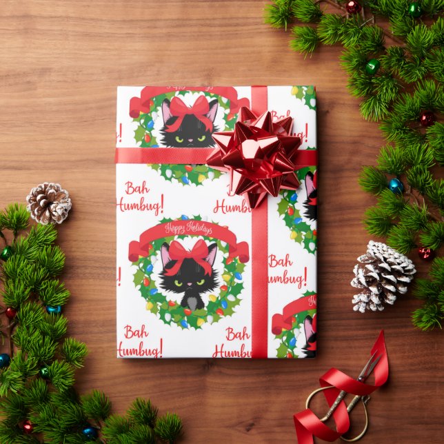 Papel De Presente Engraçado Gato Negro Irritado "Bah Humbug" (Presente de Natal)