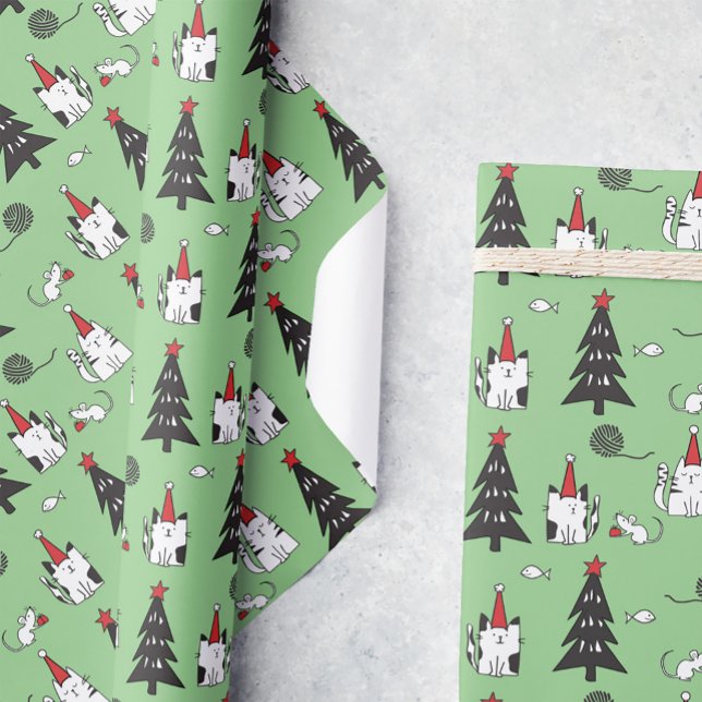 Papel De Presente Engraçado Gatos Padrão de Natal verde (Criador carregado)