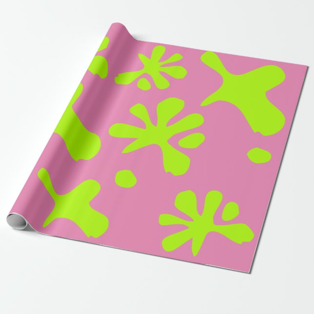 Papel De Presente Engraçado, rosa e neon, padrões verdes de lodo (Desenrolado)