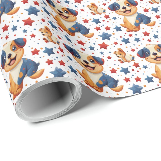 Papel De Presente Enrolação Patriótica Cute Puppy Quarto de julho (Ponta do rolo)