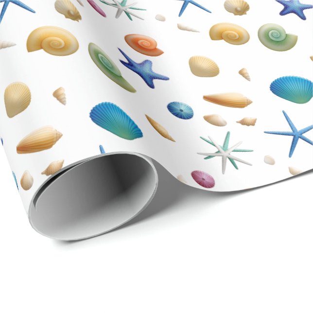 Papel De Presente Enrolamento de Dobras de Seashell e Starfish Náuti (Ponta do rolo)