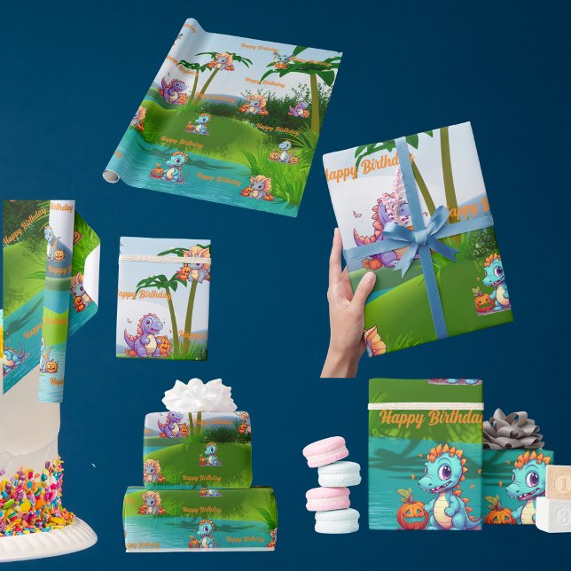 Papel De Presente Enrolando Dinossauro Bebê do Aniversário de crianç (Criador carregado)