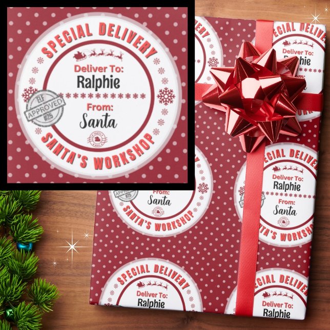 Papel De Presente Entrega Especial De Papais noeis Vermelho Polar No (Personalize with your kid's name. Merry Christmas!)