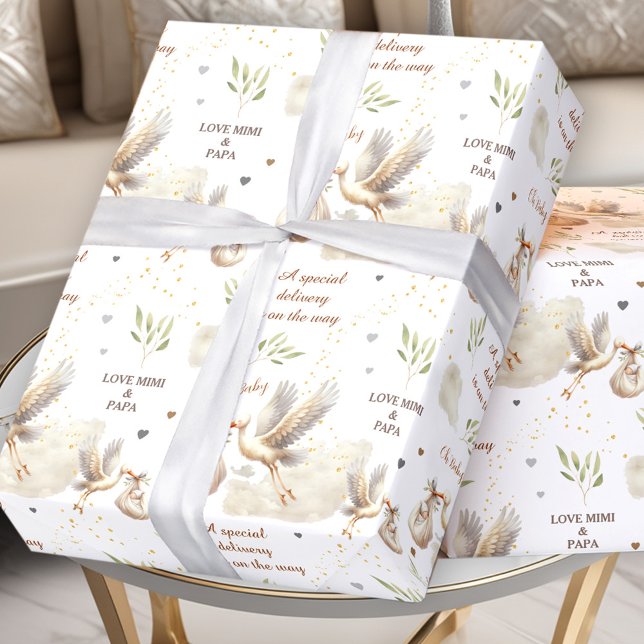 Papel De Presente Entrega Especial Novo Nome do Bebê do Unisex Store (Special Delivery Unisex Stork New Baby Name Text Wrapping Paper)