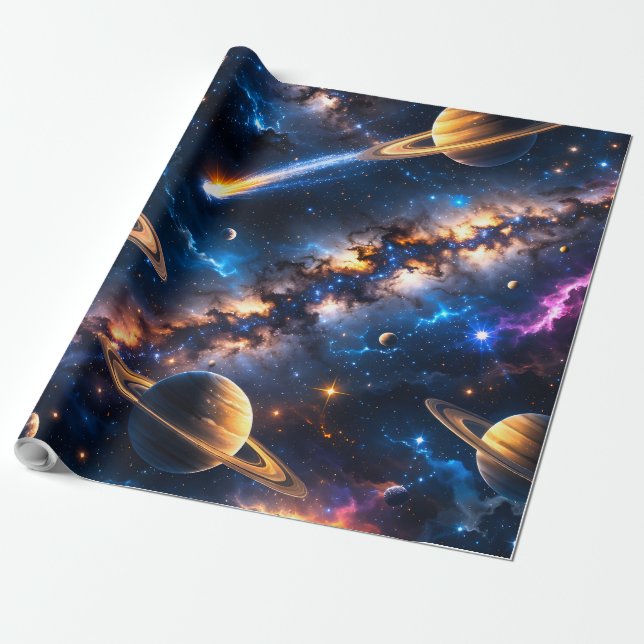 Papel De Presente Envoltório premium de Saturno para o espaço profun (Desenrolado)