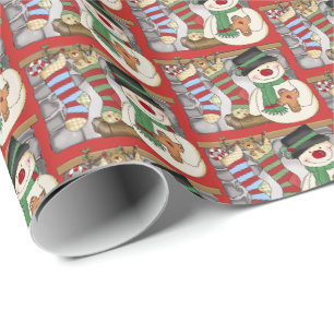 Papel De Presente Envoltório telhado do boneco de neve da lareira