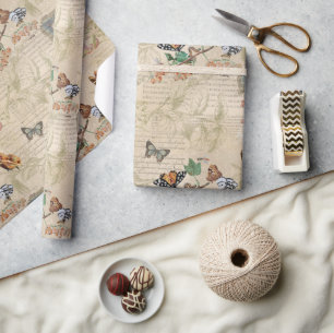 Papel De Presente Ephemera Botânica da Borboleta Vintage