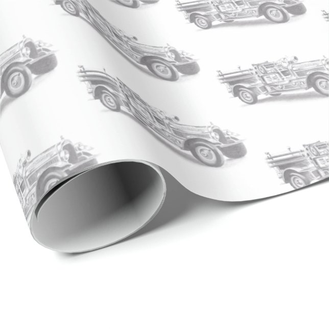 Papel De Presente esboço a lápis de caminhão de bombeiros antigo des (Ponta do rolo)