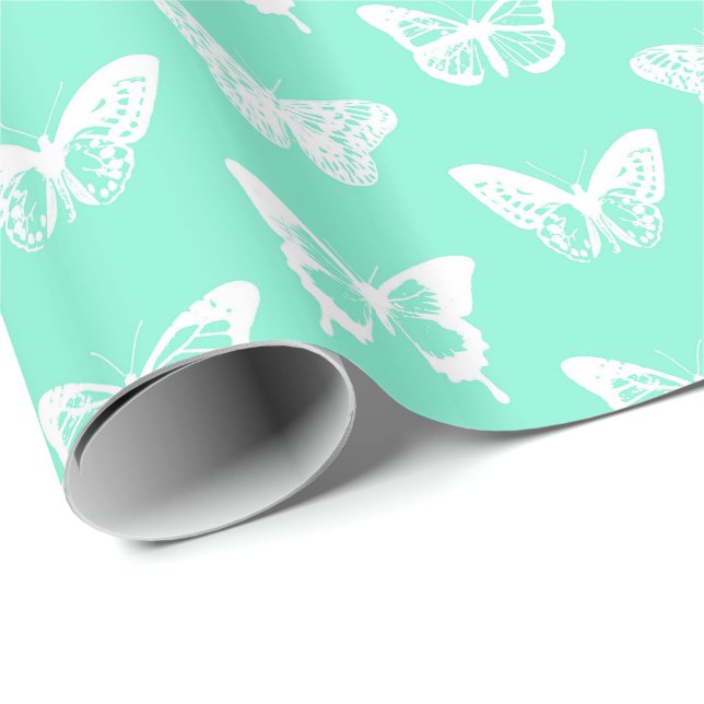 Papel De Presente Esboço, aqua e branco da borboleta (Ponta do rolo)