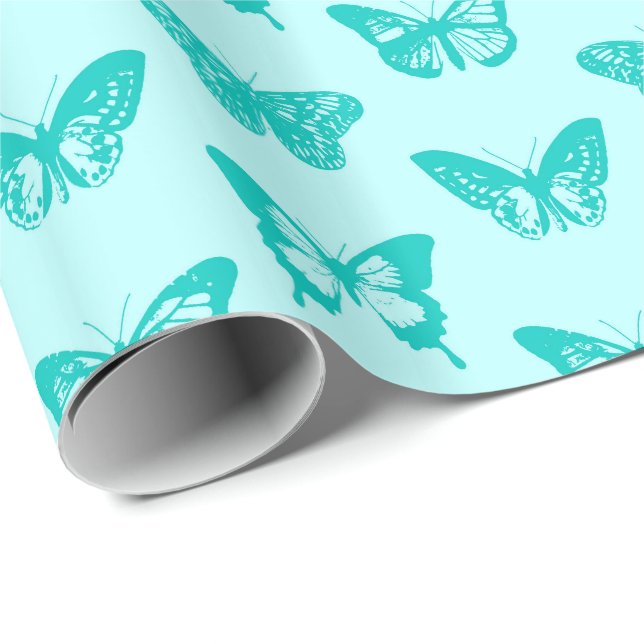Papel De Presente Esboço da borboleta, aqua e turquesa (Ponta do rolo)
