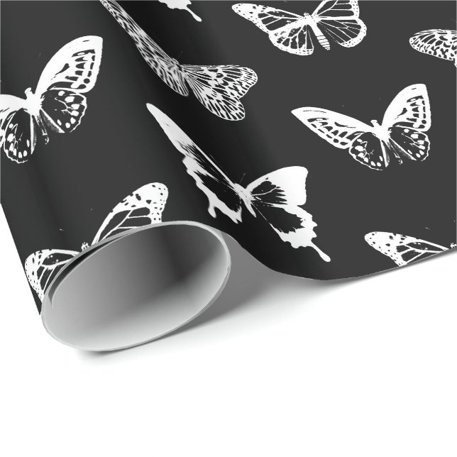 Papel De Presente Esboço da borboleta, branco e preto (Ponta do rolo)