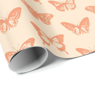 Papel De Presente Esboço da borboleta, laranja coral