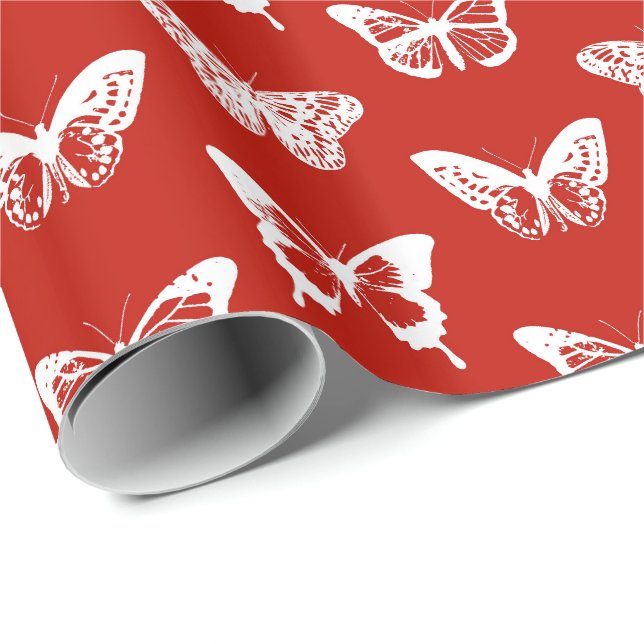 Papel De Presente Esboço da borboleta, vermelho escuro e branco (Ponta do rolo)
