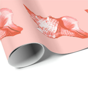 Papel De Presente Esboço da concha - coral, rosa-casca e branco