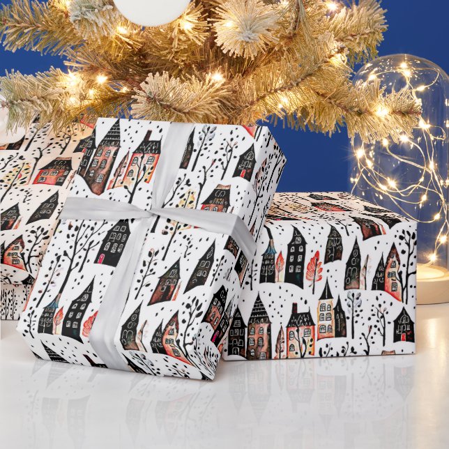 Papel De Presente Esboço das aldeias de inverno natal (Feriados)