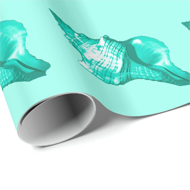 Papel De Presente Esboço de concha de caramujo - turquesa, branco e  (Ponta do rolo)