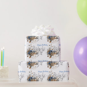 Papel De Presente Escala de Notas Musicais Flores Aquarela Azul