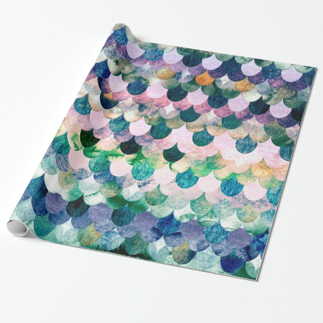 Papel De Presente Escalas de peixes azuis da sereia da tendência (Desenrolado)