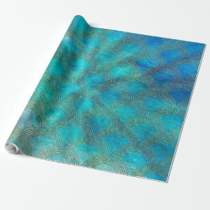 Papel De Presente Escalas marítimas e de Sereia em aqua e ouro