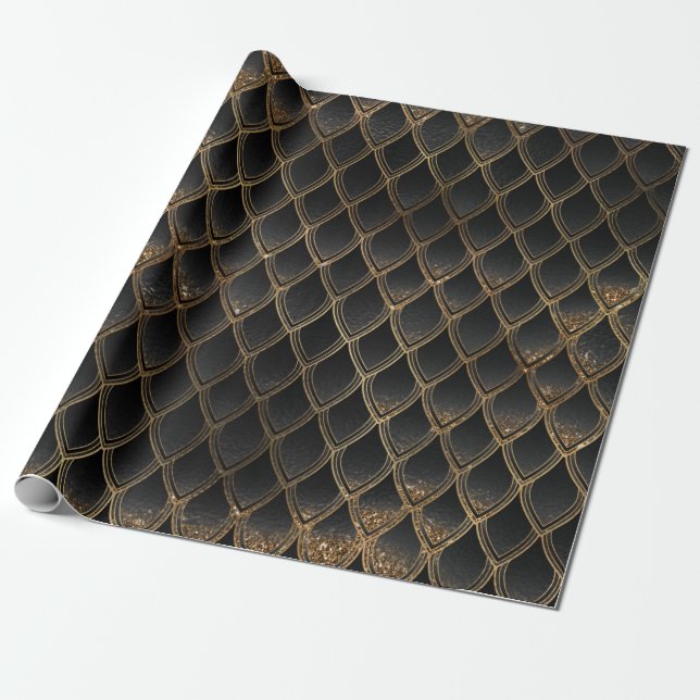 Papel De Presente Escamas de Dragão Preto e Dourado (Desenrolado)