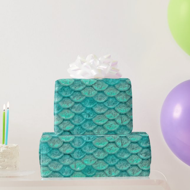 Papel De Presente Escamas de Sereia Verde Mar Turquesa (Presentes para festas)
