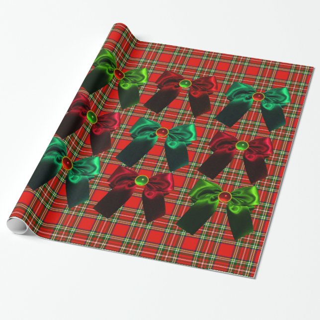 PAPEL DE PRESENTE ESCOCEU TARTAM COM ARCOS DE NATAL VERDE VERMELHO (Desenrolado)