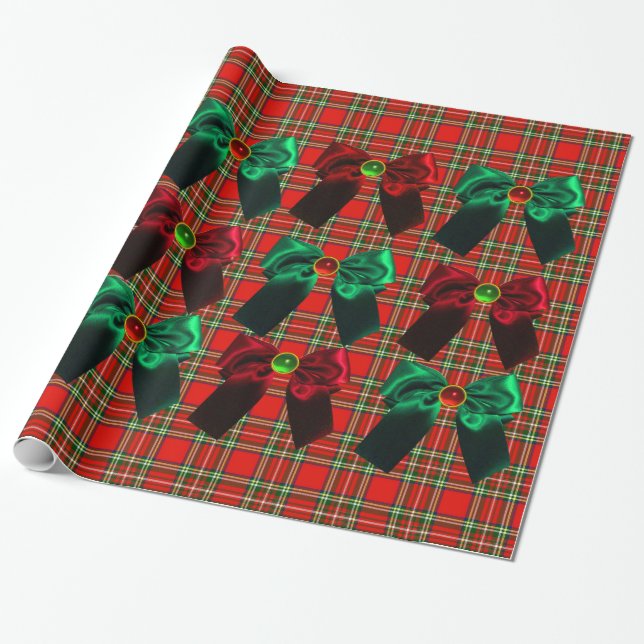 PAPEL DE PRESENTE ESCOCEU TARTAM COM ARCOS DE NATAL VERDE VERMELHO (Desenrolado)