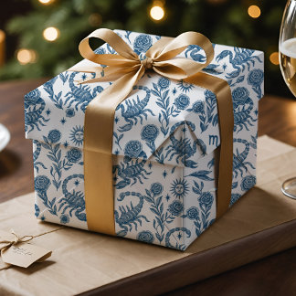 Papel De Presente Escorpião Zodíaco Intrincado Celestial Floral Azul