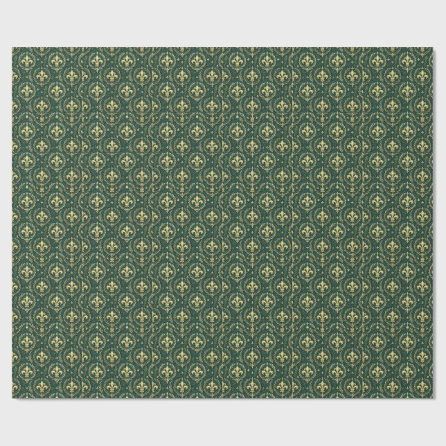Papel De Presente Esmeralda Verde e Dourado Padrão Real Damasko (Aberto)