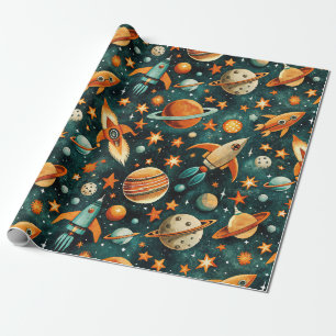 Papel De Presente Espaço Atômico Laranja Teal Meados do Século