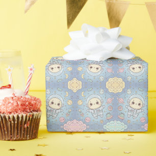 Papel De Presente Espaço Kawaii Fofo - Astronauta e Lua Sorridente