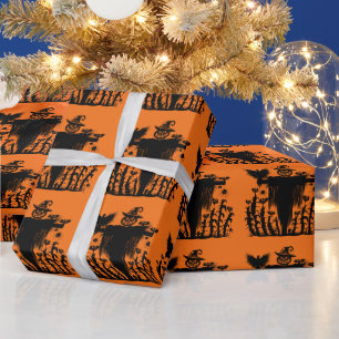 Papel De Presente Espantalho de Halloween Gótico Assustador Abóbora 