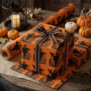 Papel De Presente Espantalho de Halloween Gótico Assustador Abóbora