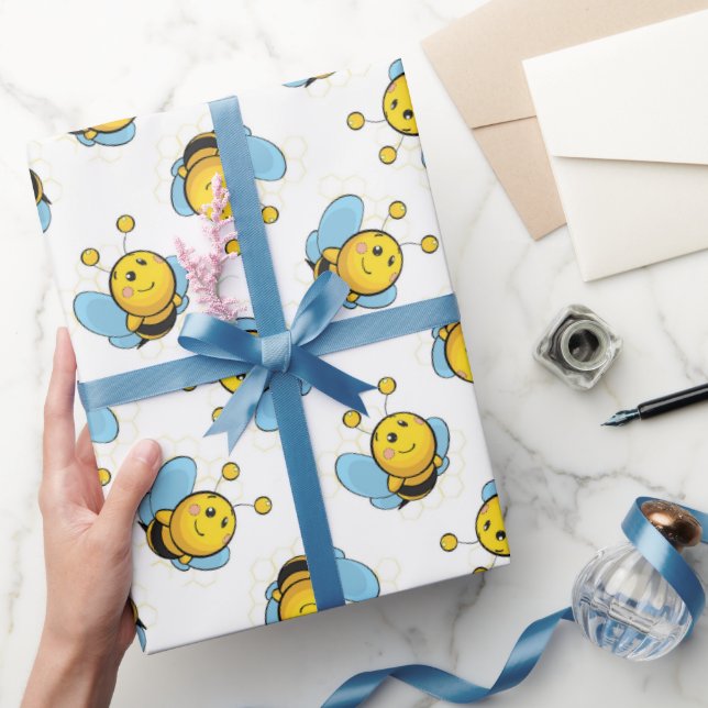 Papel De Presente Espetáculo de abelha feliz e bonito, branco (Presentear)