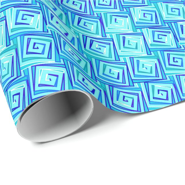 Papel De Presente Espirais quadradas modernas do meio século - aqua (Ponta do rolo)