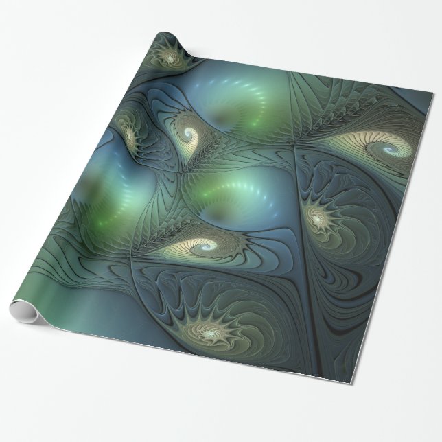 Papel De Presente Espirais Teal Beige Verde Abstrato Fractal (Desenrolado)