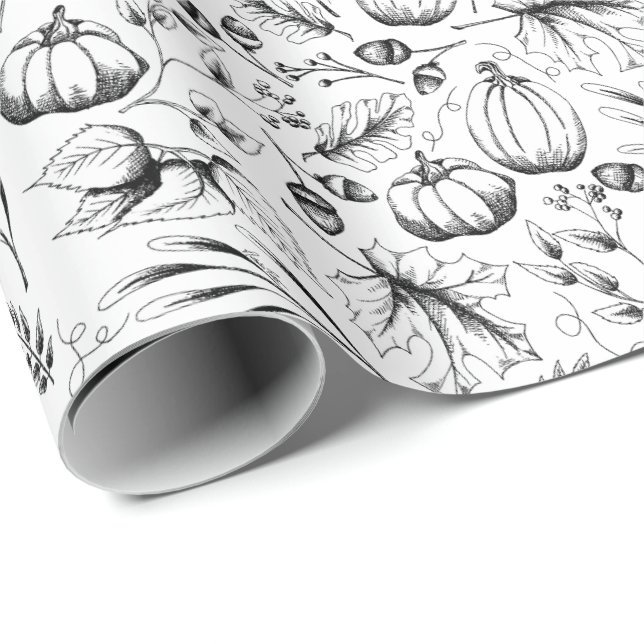 Papel De Presente Esquadra de inverno desenhada à mão e deixa botâni (Ponta do rolo)