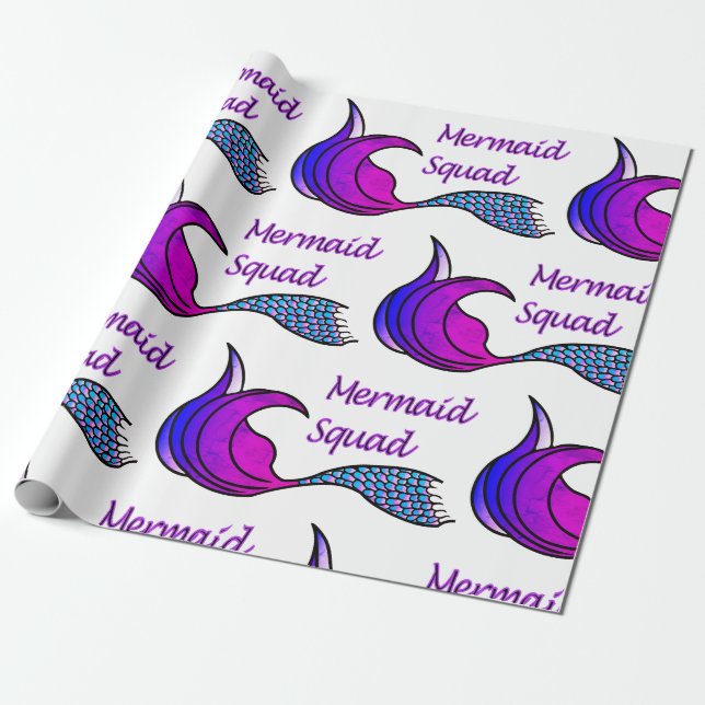 Papel De Presente Esquadrão de sereia em azul e rosa (Desenrolado)