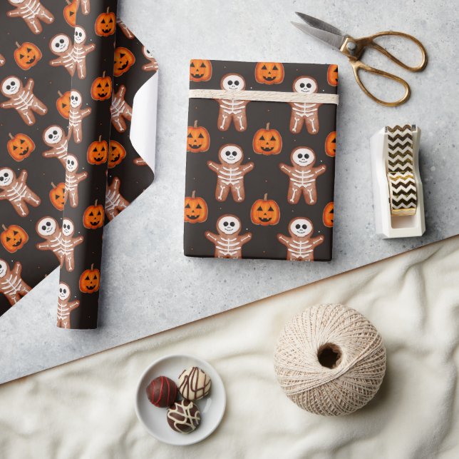 Papel De Presente Esqueleto de Pão de Mel e Abóbora de Halloween  (Artesanato)